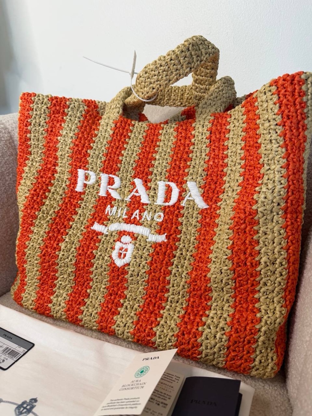 Prada Large Raffia Shopping Tote Bag Orange Natural Striped New with tags